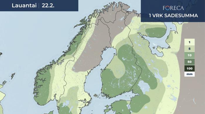 1 vrk sadesumman ennuste 22.2.